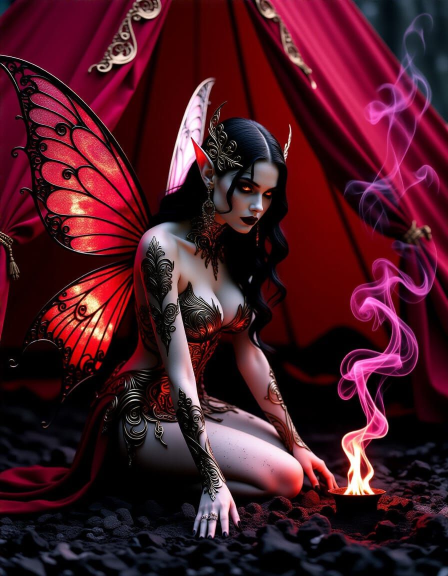 Hyperrealistic Fairy Kneeling in Ashes in Dark Romantic Sett...