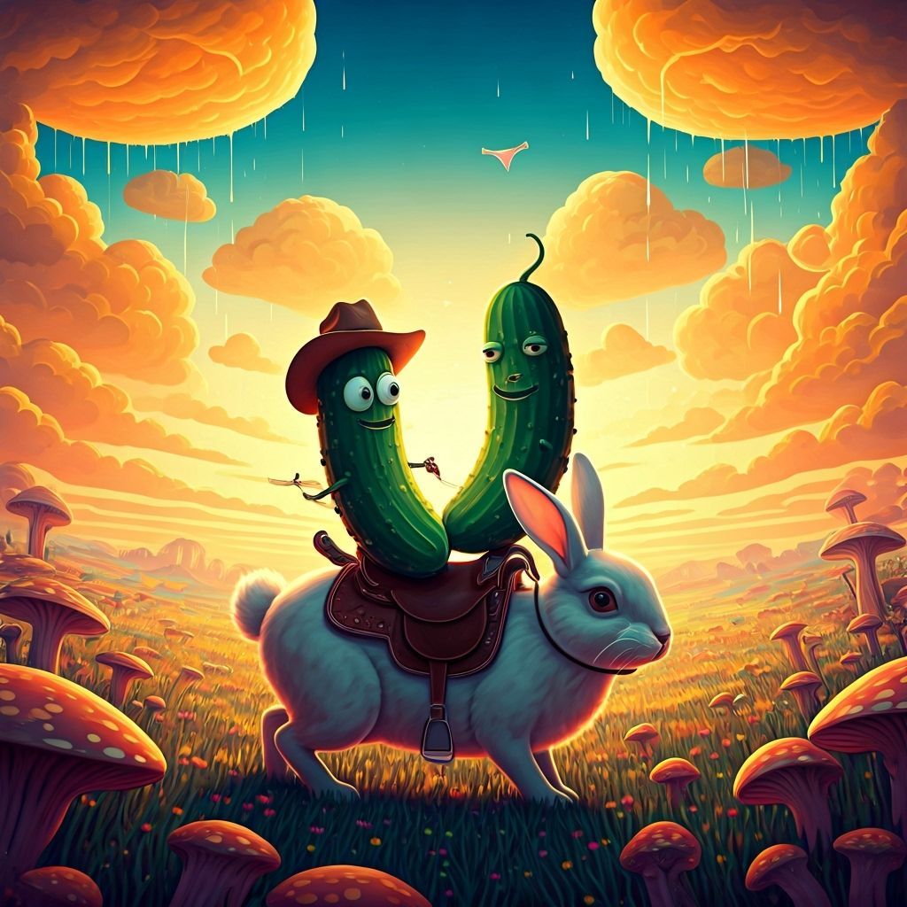 Pickles Ride Bunny Through Mushroom Field