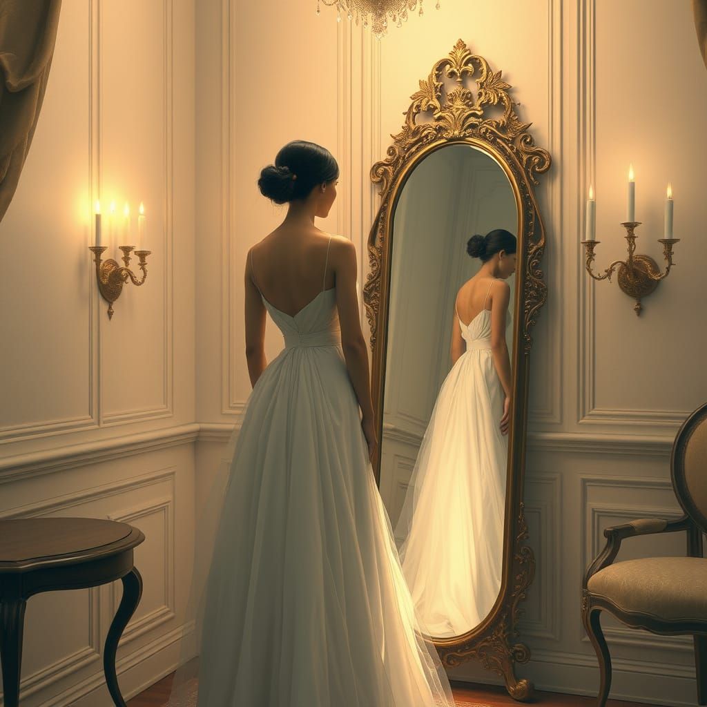 Elegant Woman Gazing in Mirror, Dreamy Digital Art