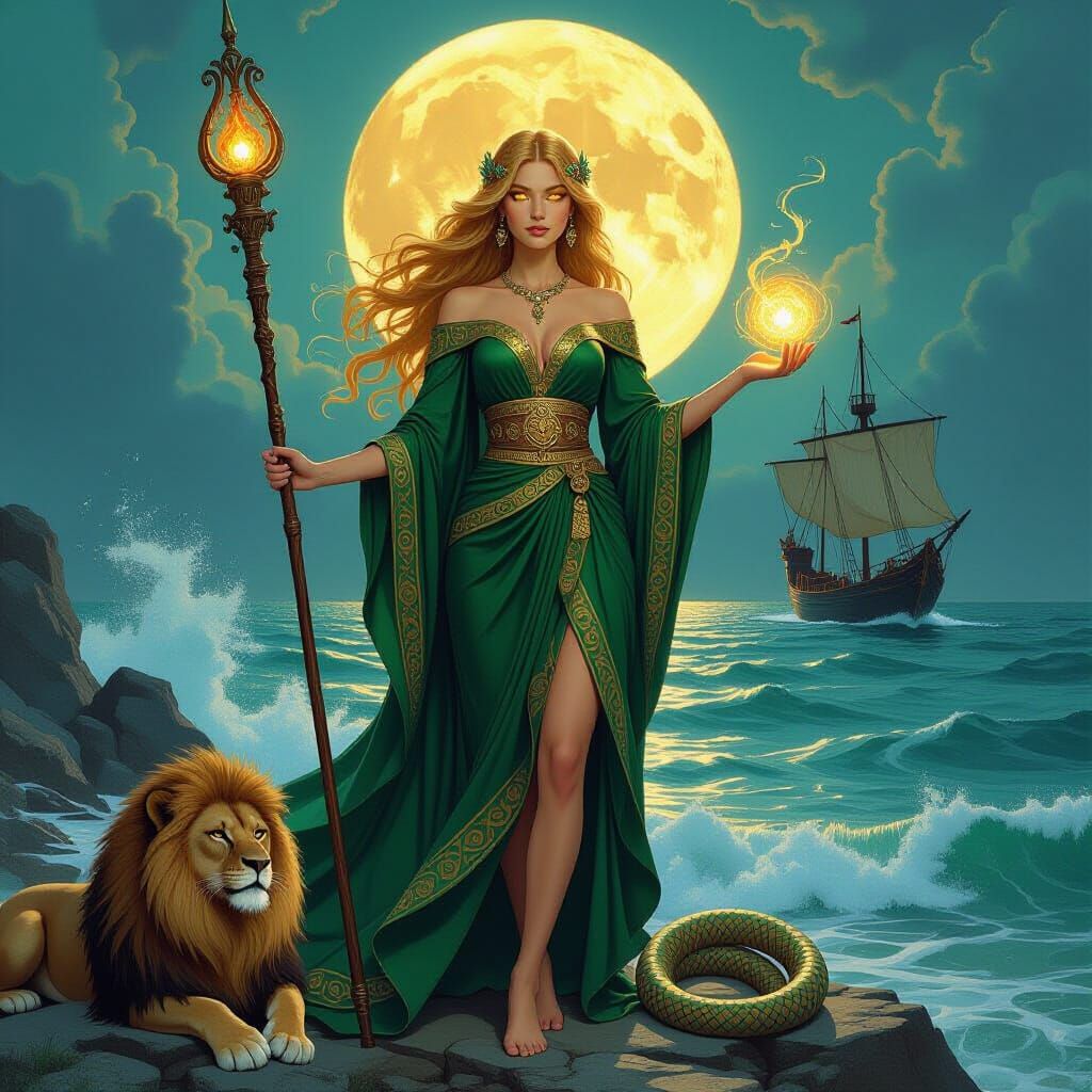 Sorceress on Rocky Shore in Art Nouveau Style