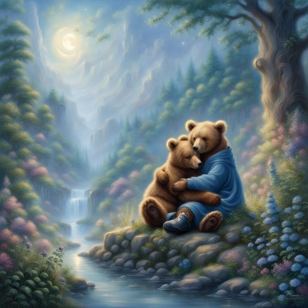 Bears Hugging on Moonbeam in Ethereal Fantasy Style