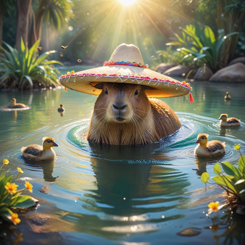 Capybara in Sombrero: Watercolor River Scene