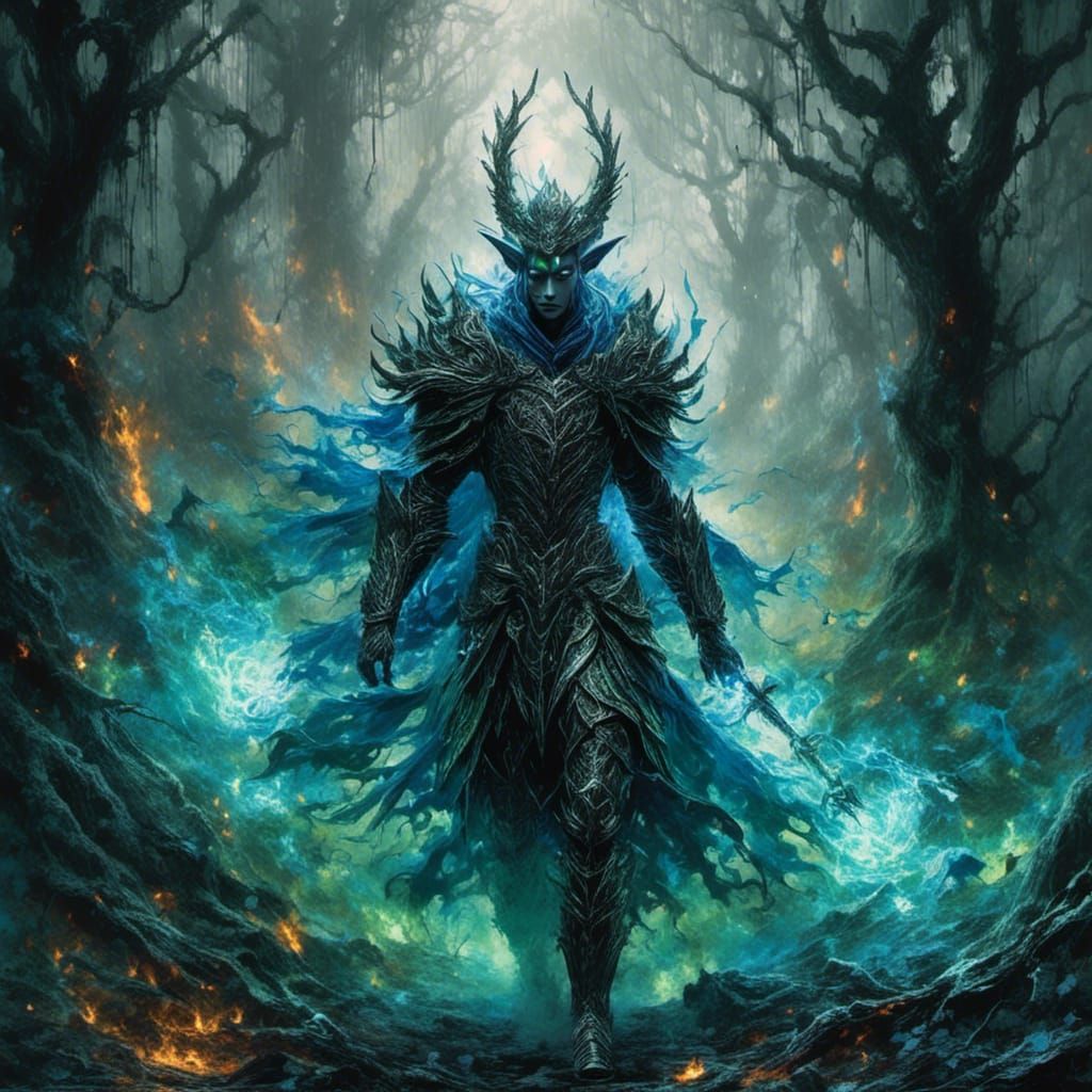 Dark Elf Warrior with Magic in Dark Forest