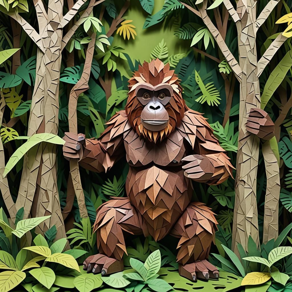 Paper Orangutan in Paper Jungle Setting