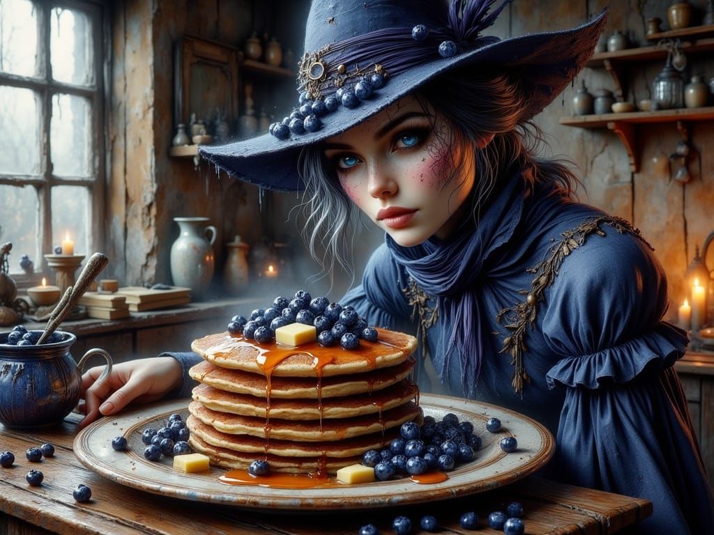 Old Witch Serves Blueberry Pancakes, Rackham Style