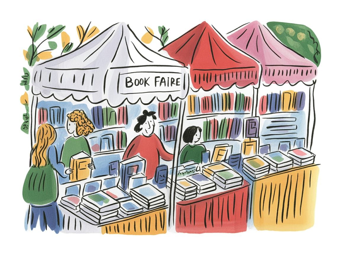 Watercolor Illustration of a Book Fair with Bold Lines