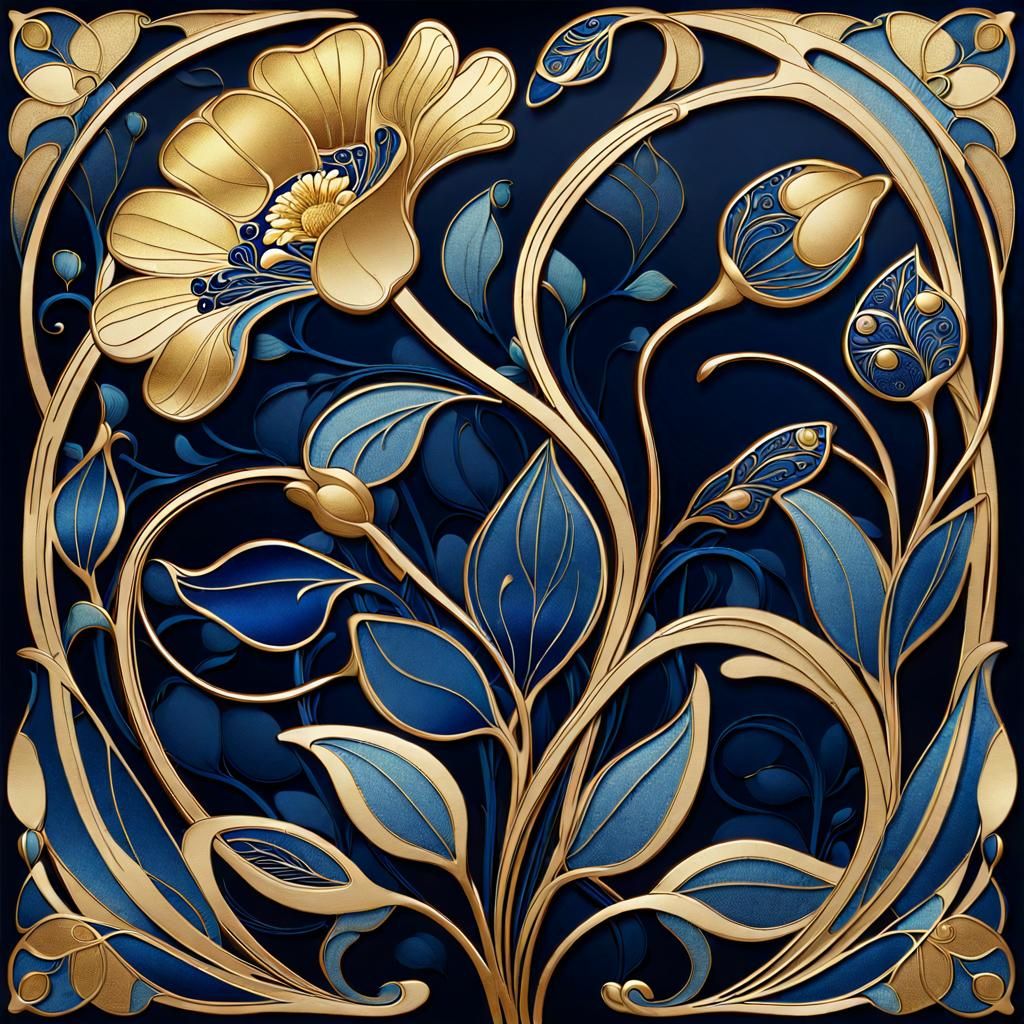 Art Nouveau Floral Design in Gold and Blue
