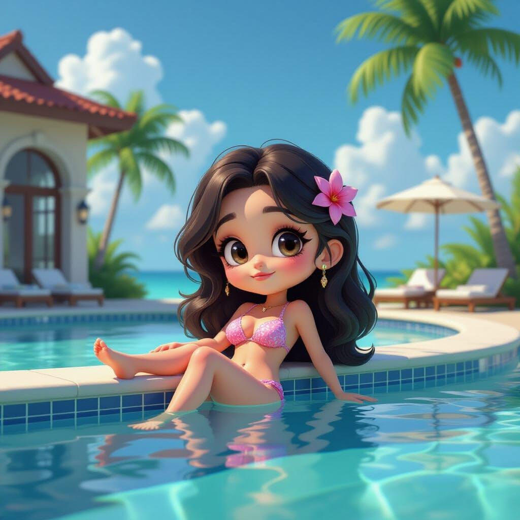 Chibi Girl Relaxing at Luxury Hotel Pool