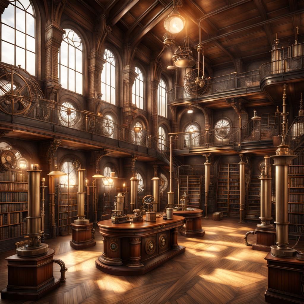 Intricate Steampunk Library Interior with Engine