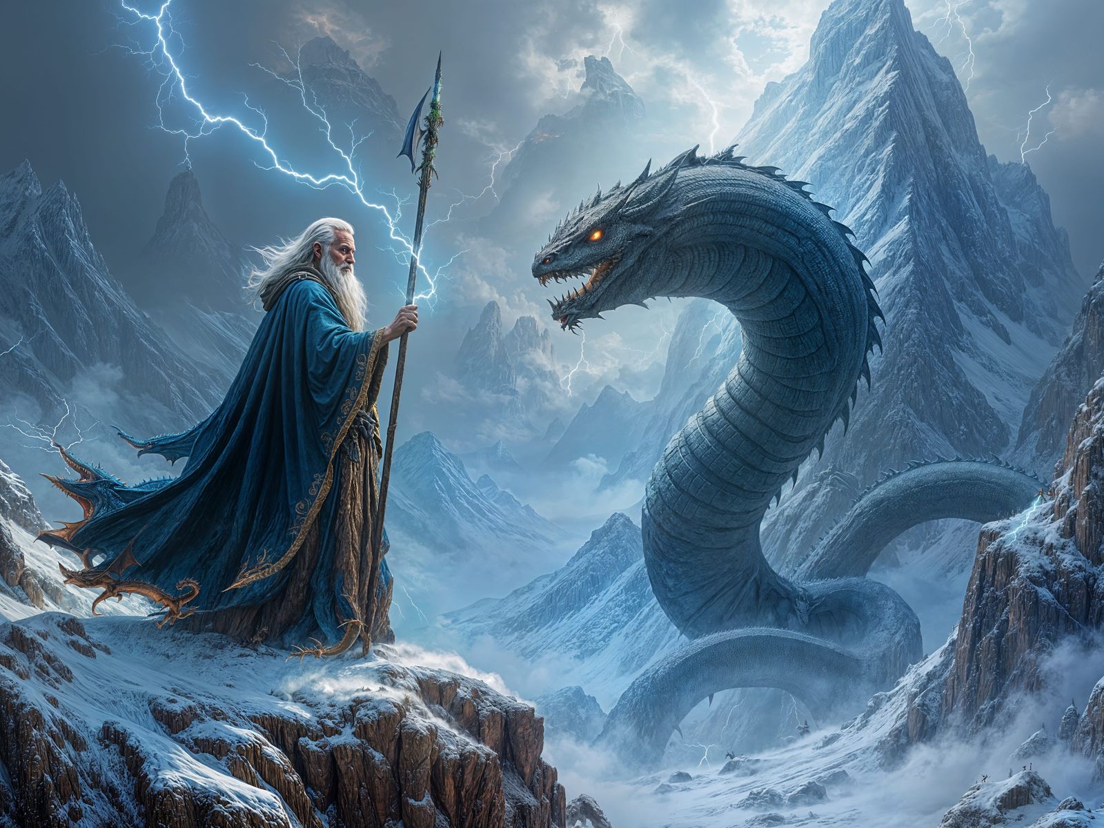 Wizard Battles Behemoth with Lightning on Mountain