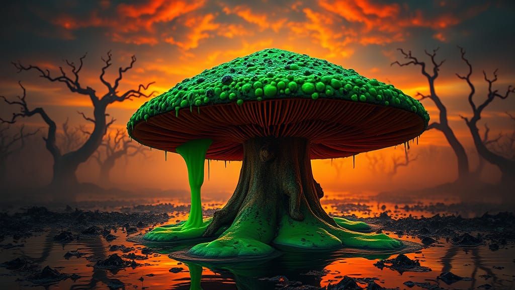 Electric Green Mushroom in Primordial Swamp