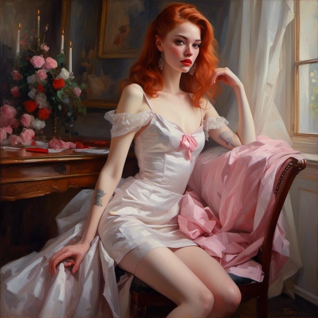 Red-Haired Girl in Wedding Dress with Devil Tattoo