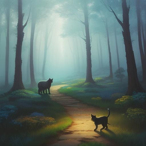 Brave Cat Explorer in Misty Forest as Oil Painting