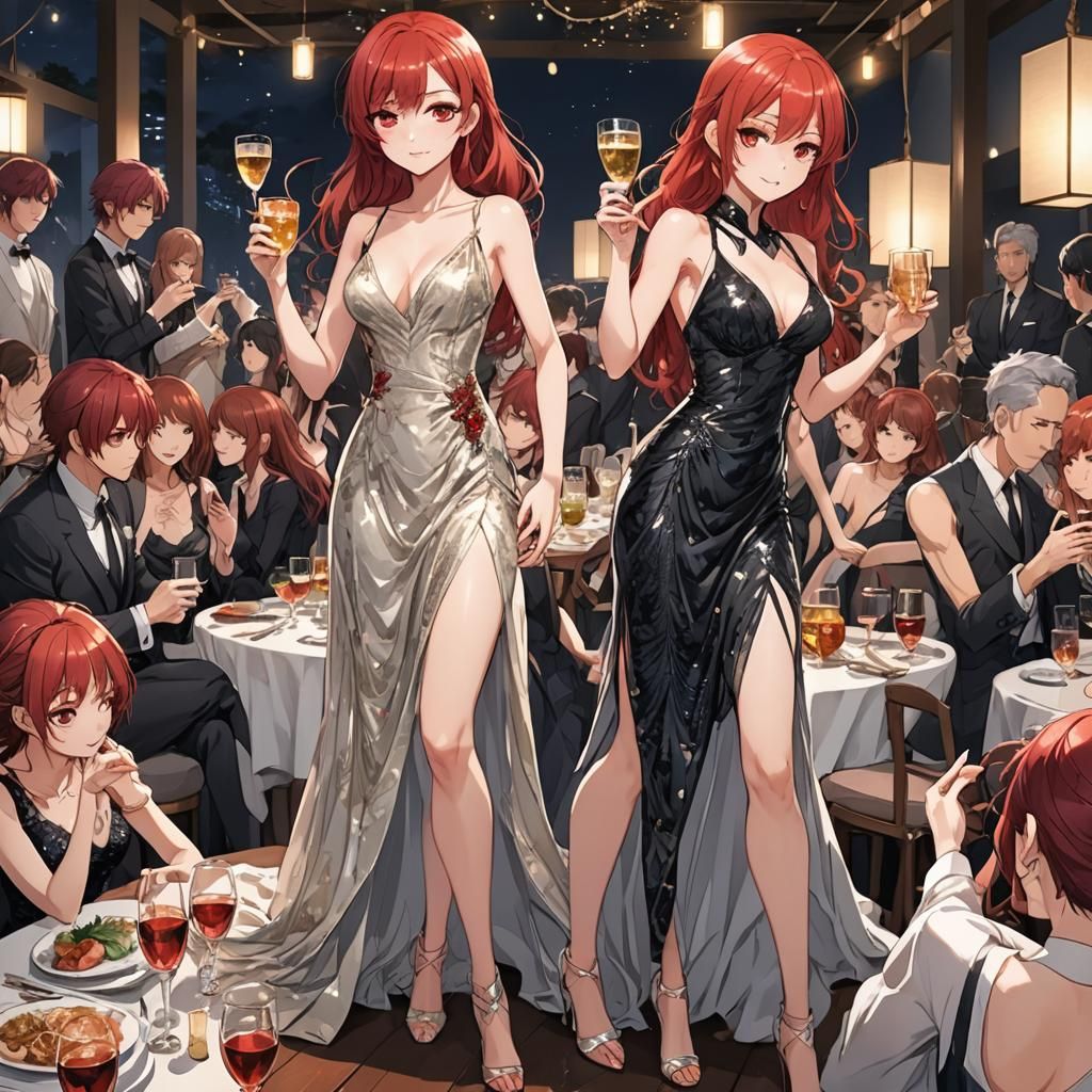 Red-Haired Girl in Party Gown, Anime Style