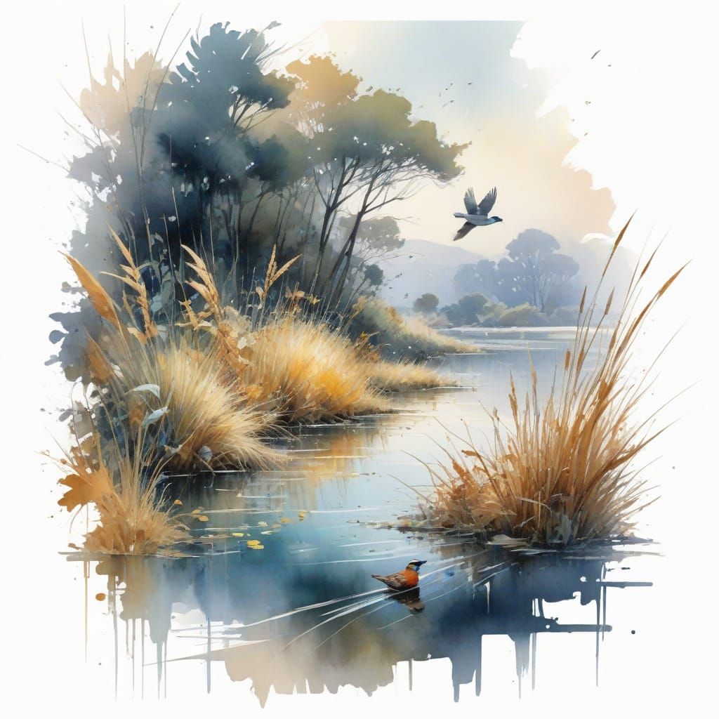 River Landscape in Ethereal Watercolour Style