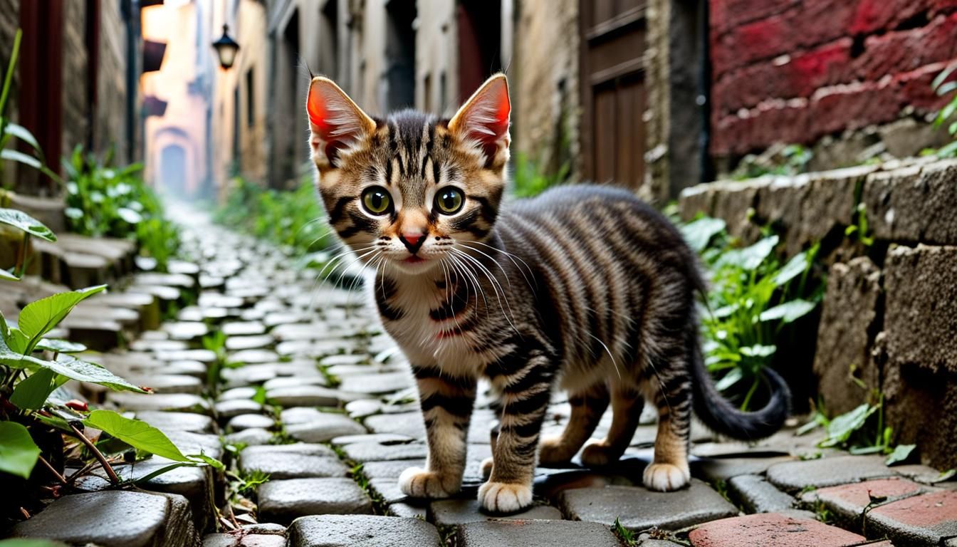Alert Tabby Kitten in Sinister Alleyway