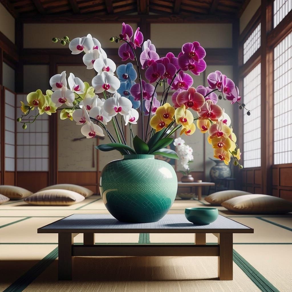 Japanese Tatami Room with Exaggerated Orchid Blossoms