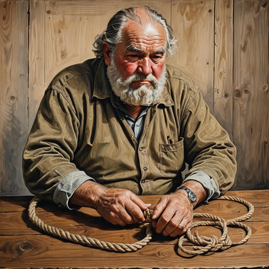 Old Man Contemplates Hemp Rope Still Life
