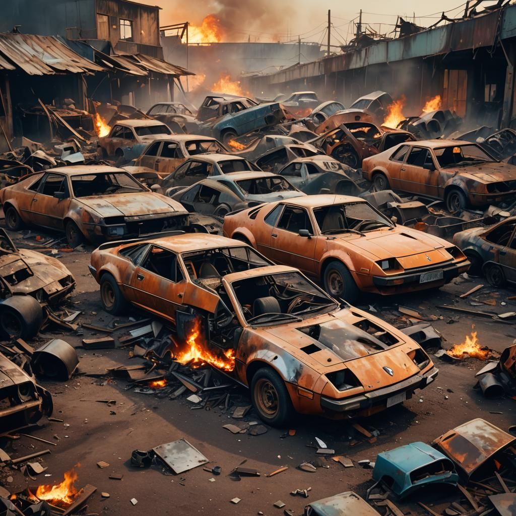 Fiery Car Wreckage in Junkyard: Hyperrealistic Concept Art