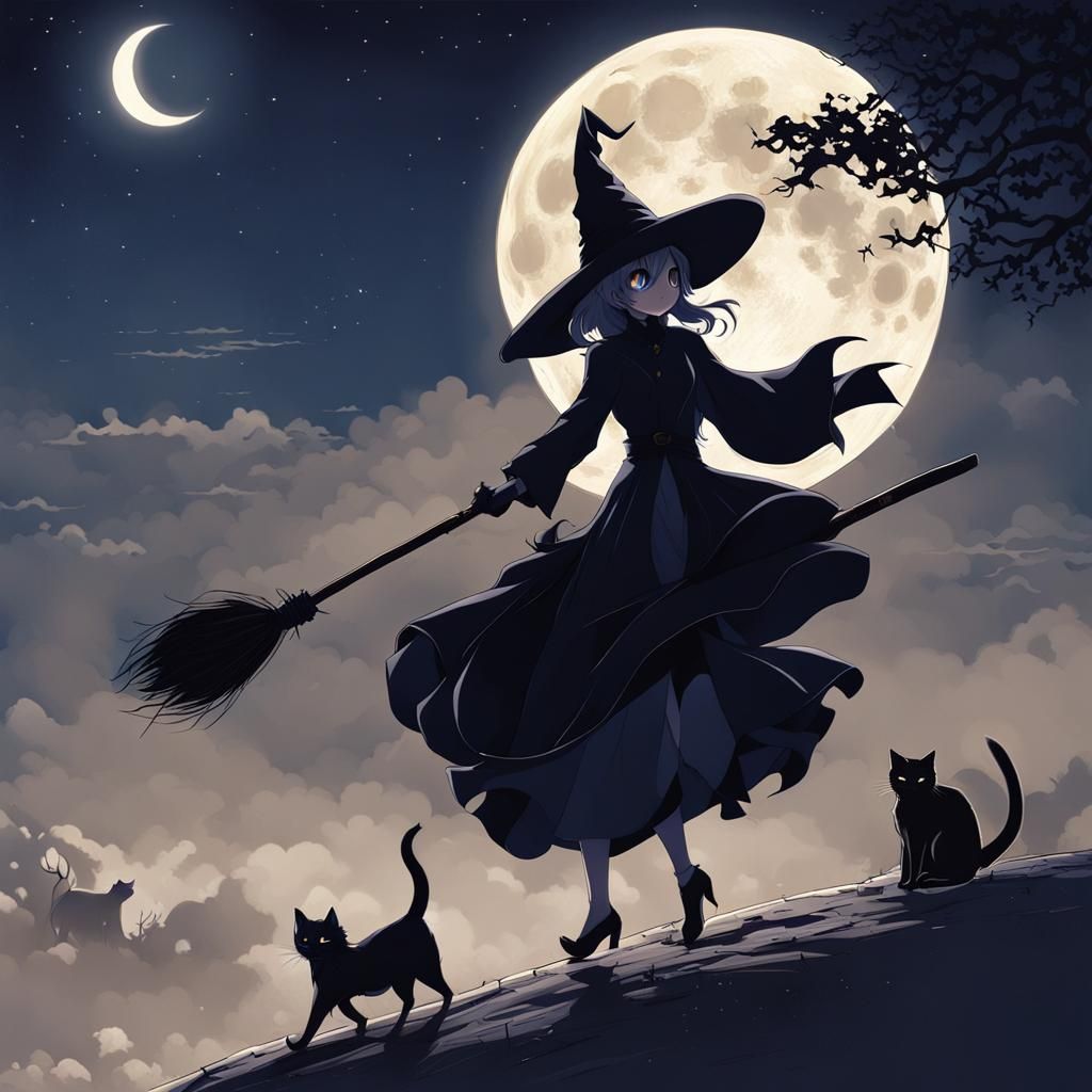 Anime Style Witch Flying by Moon with Cat