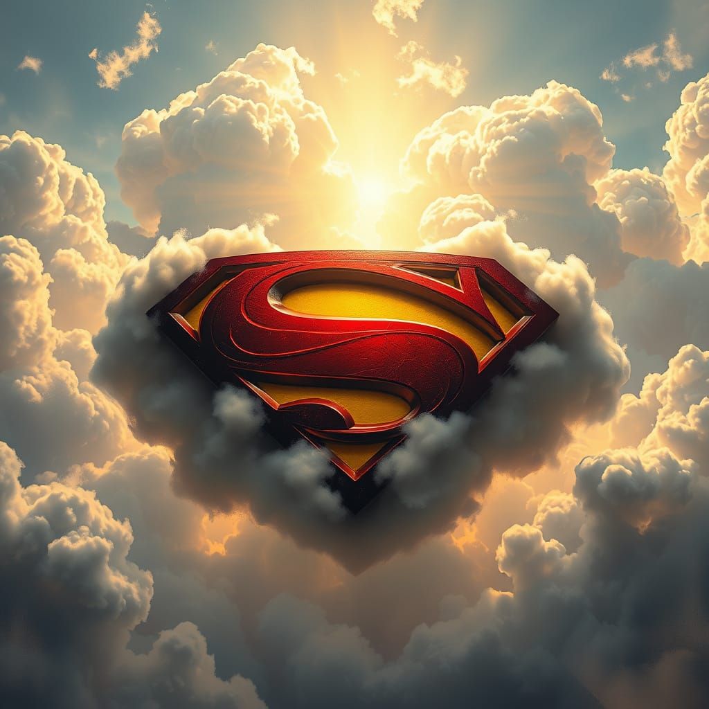 Epic Superman Shield in Lush Clouds - Vibrant Digital Art
