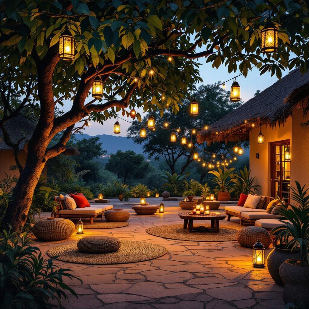 African Village Patio at Night with Christmas Lights