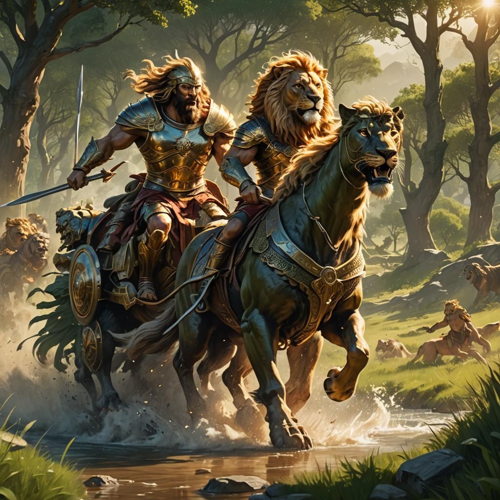 Spartan Warrior Races Lion-Pulled Chariot in Lush Meadow