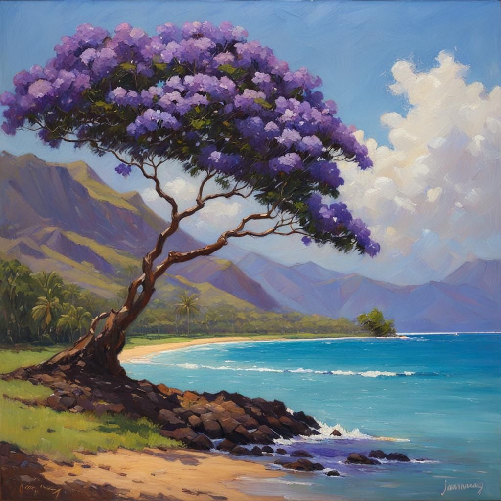 Hawaiian Island Jacaranda Trees: Oil Painting