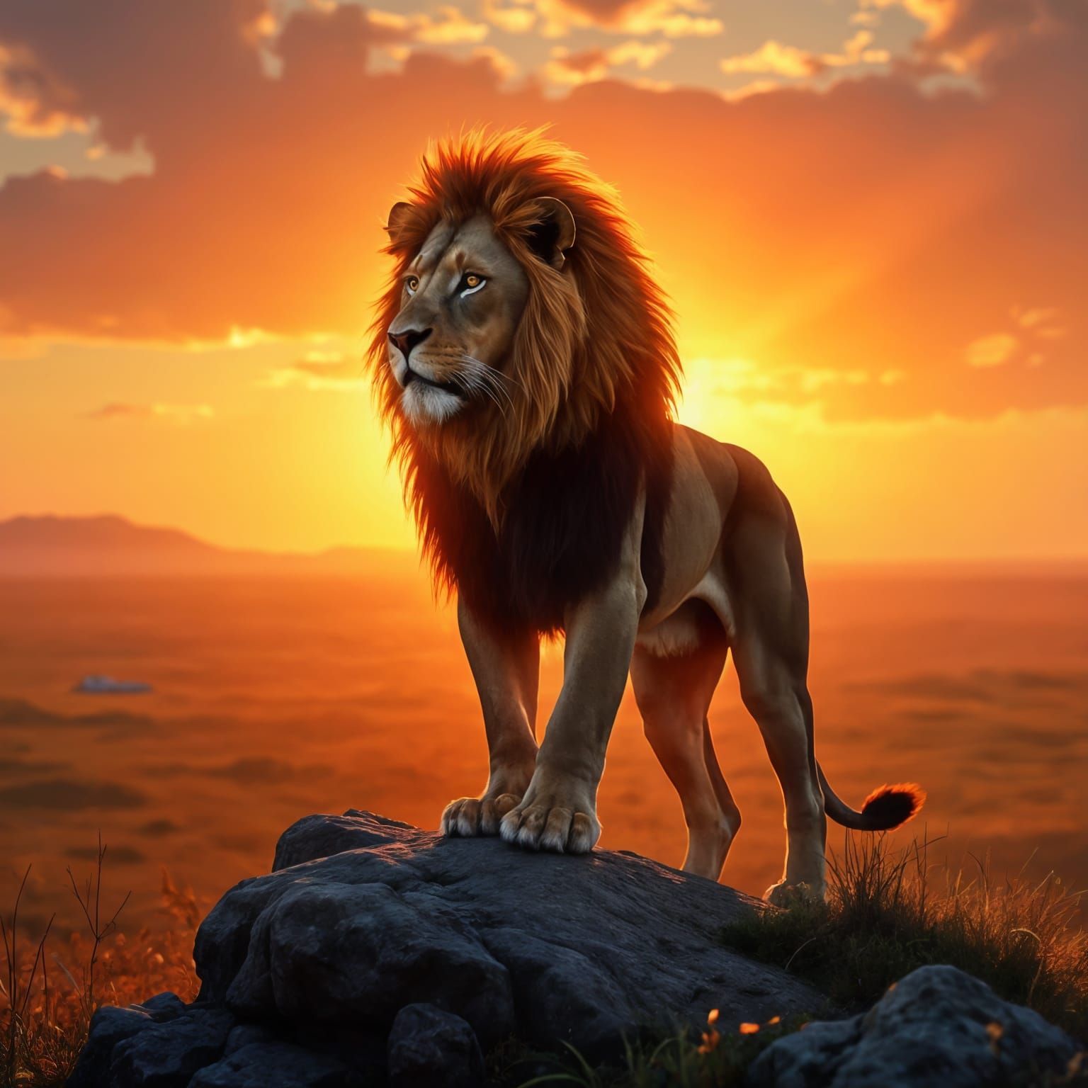 Majestic Lion with Fiery Mane at Sunset