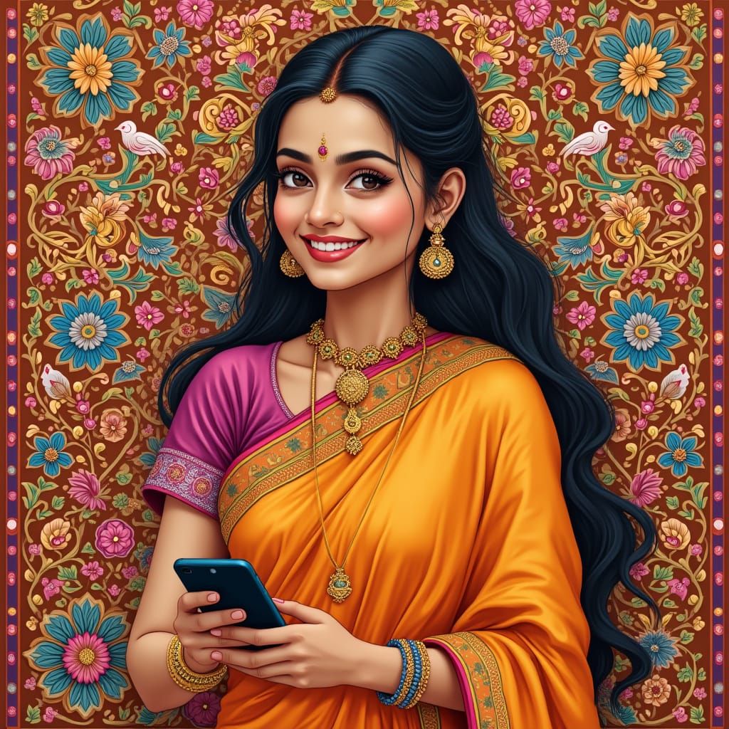 Marathi Bride in Vibrant Nauvari Saree, Indian Folk Art Styl...