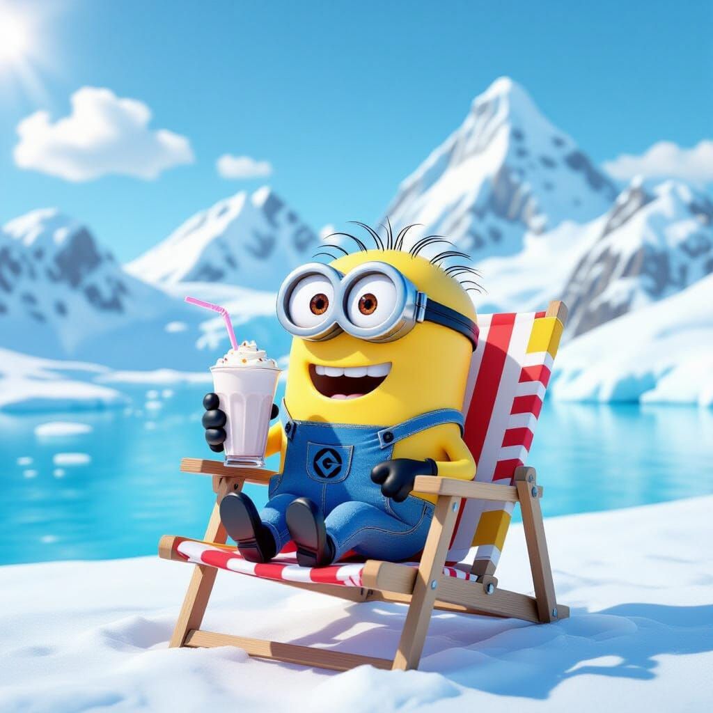 Minion in Beach Chair Drinks Milkshake Amidst Snowy Mountain...