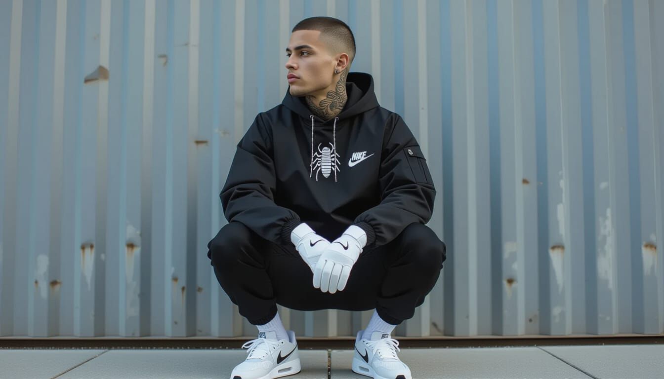 Monochrome Street Art of Man with Scorpion Tattoo