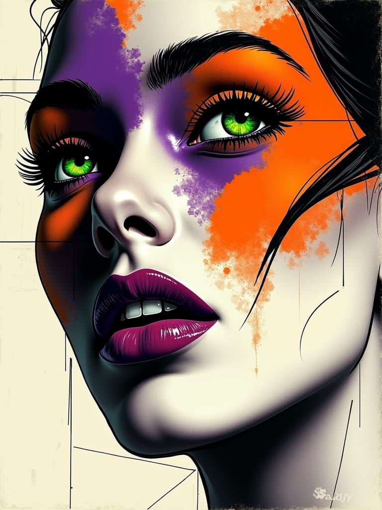 Dynamic Pop Art Portrait of Woman with Green Eyes