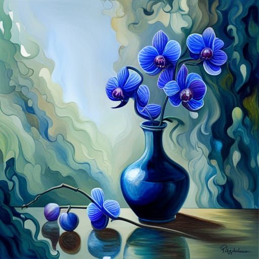 Blue Orchids in Vase: Hyperdetailed Stained Glass Painting