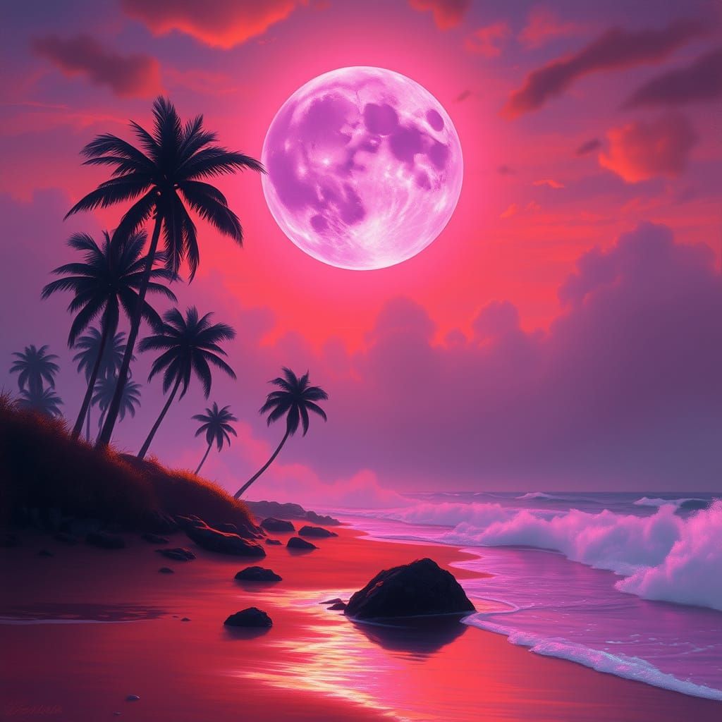 the majestic red beach and the purple crystal moon