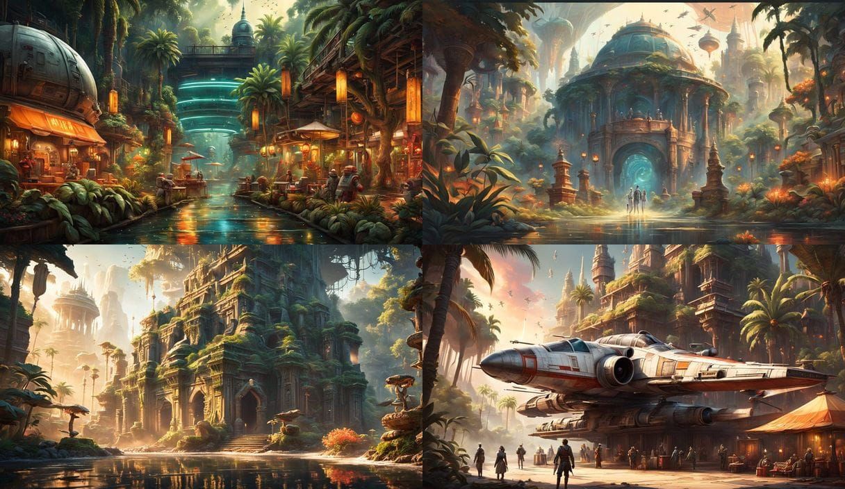 Star Wars Adventureland Concept Art with X-wing and Jungle C...