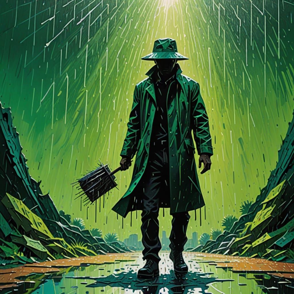 Silhouette in Rainy Gouache Landscape