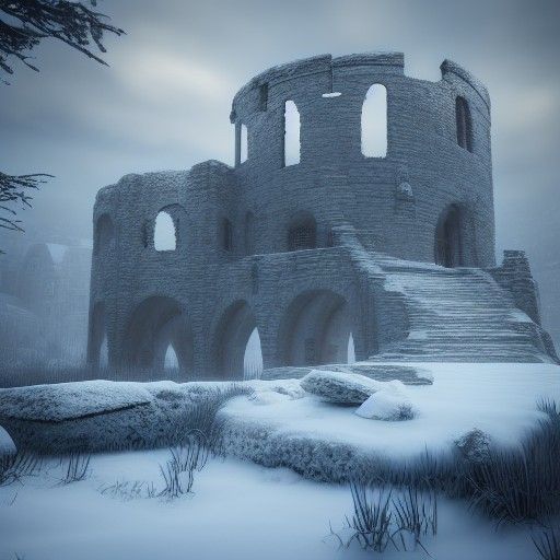 Snowy Ruined Castle: Gothic Hyperrealistic Concept Art
