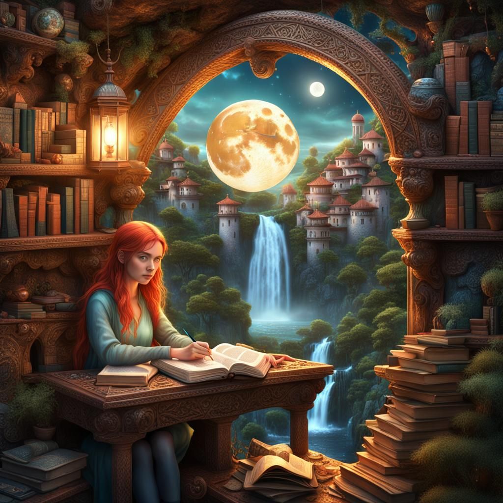 Redhead Writer in Book Nook with Golden Pen