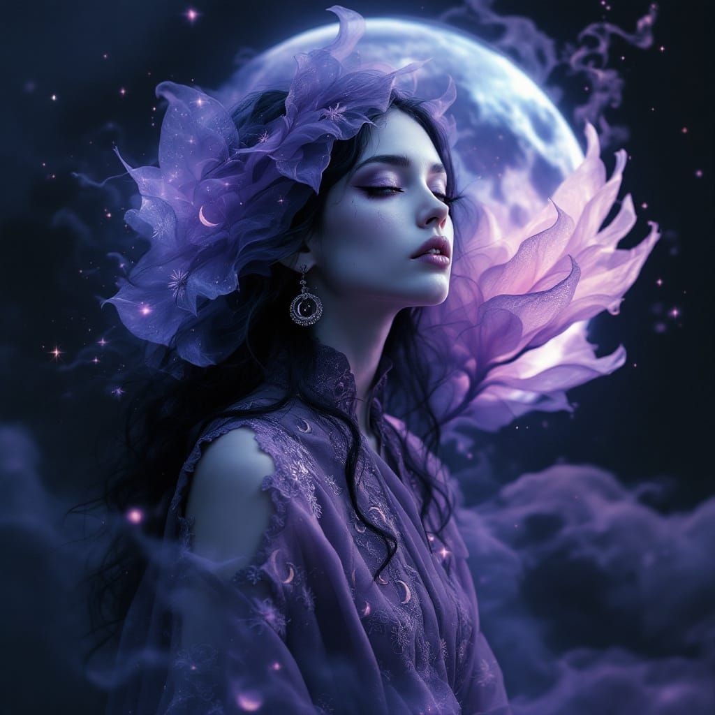 Enchanted Witch with Amethyst Moon in Dreamlike Realm