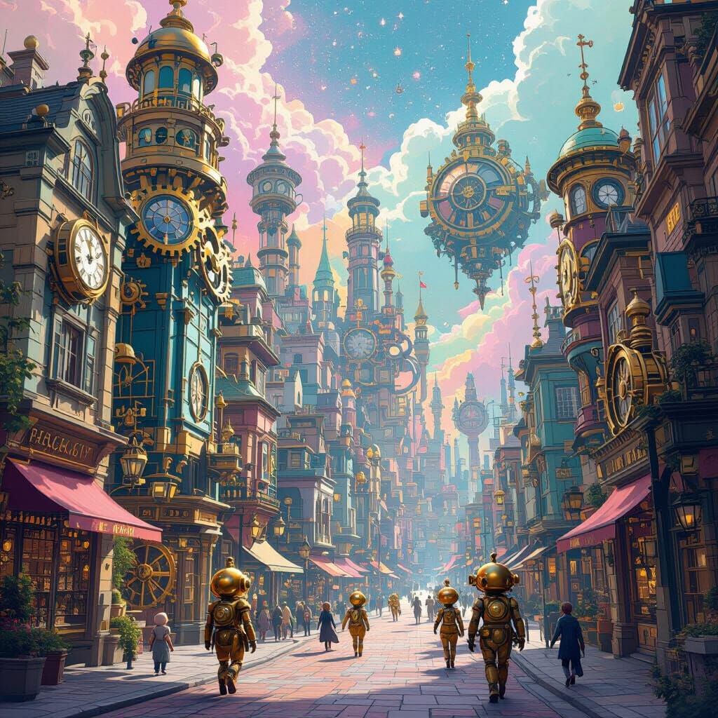 Dreamlike Clockwork Cityscape Floating in Pastel Nebula
