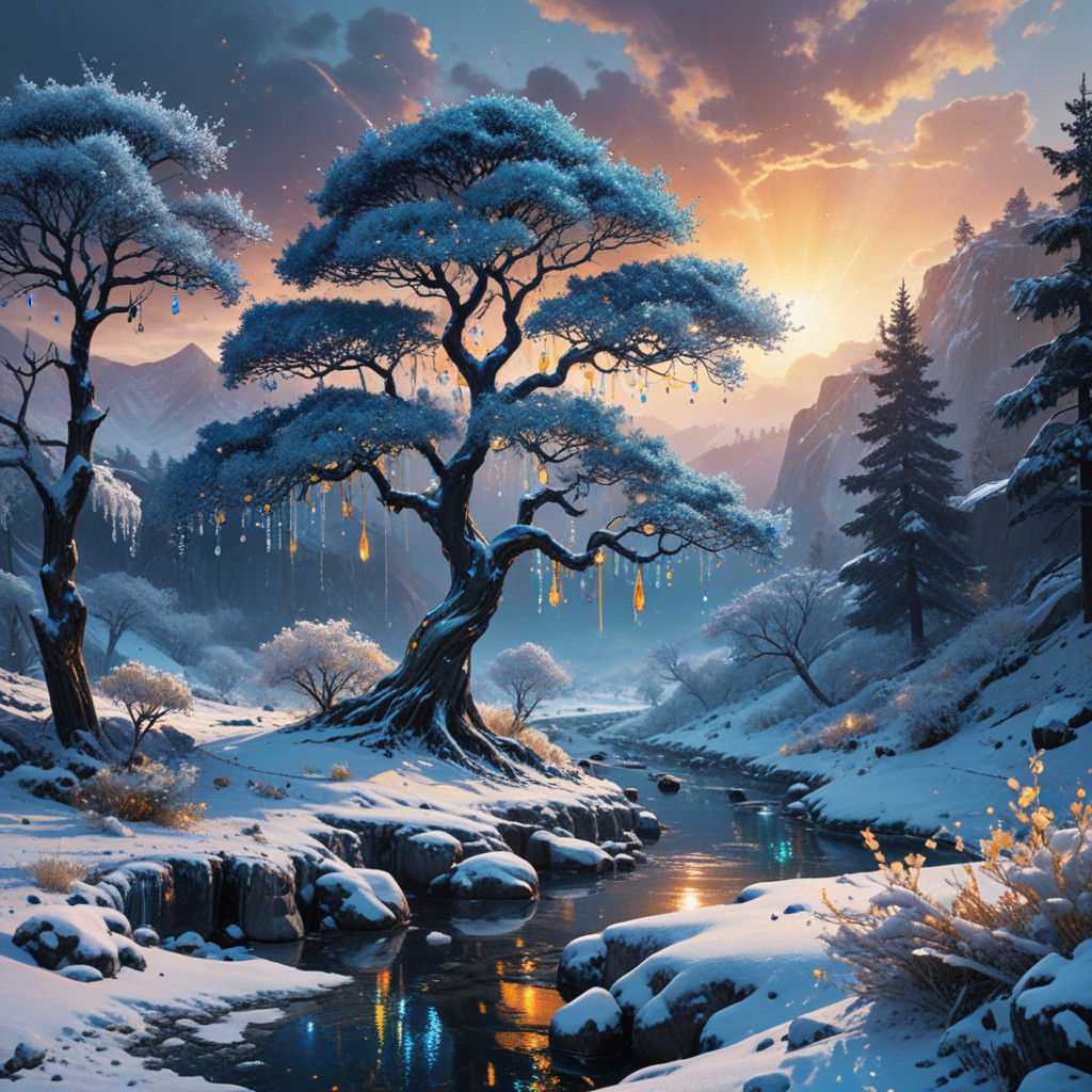 Citrine glitter, sapphire winter landscape made of jewels em...