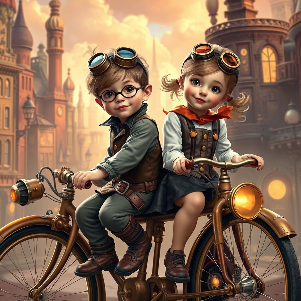 Cute Kids on a Crazy steampunk Tandem
