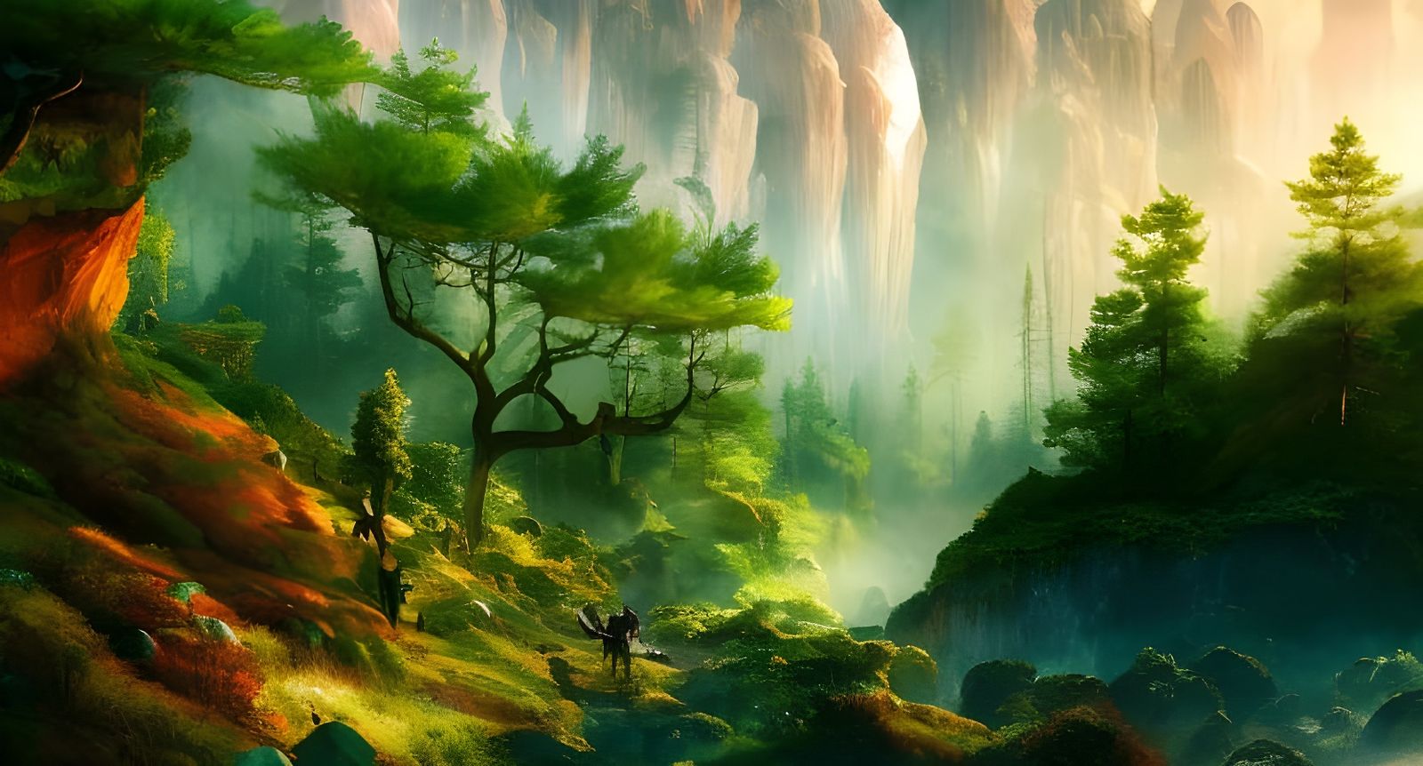 Magical Valley Forest on Cliff: Expressionist Panorama