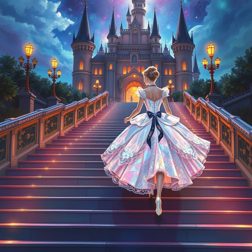 Cinderella's Glass Gown Ascends Castle Steps in Fairytale St...