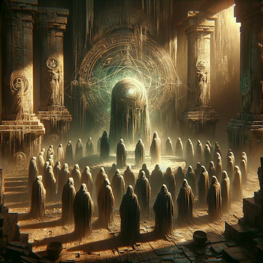 Cloaked Figures Ritual at Ancient Ruin with Pulsating Artifa...