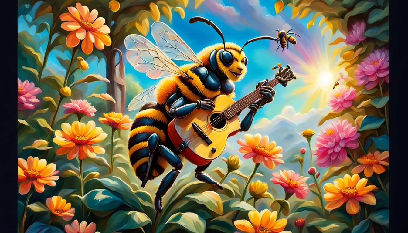 Bee Plays Guitar in Impressionist Oil Painting
