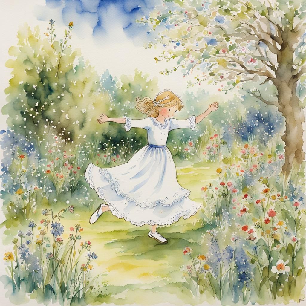 Girl Dancing in Spring Garden Watercolor Fairytale