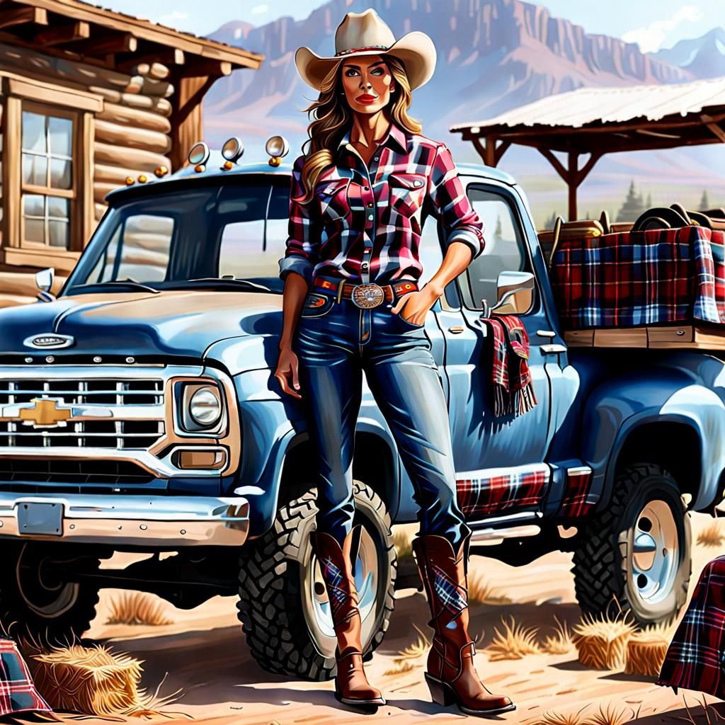Realistic Cowgirl with Plaid Truck in 16k