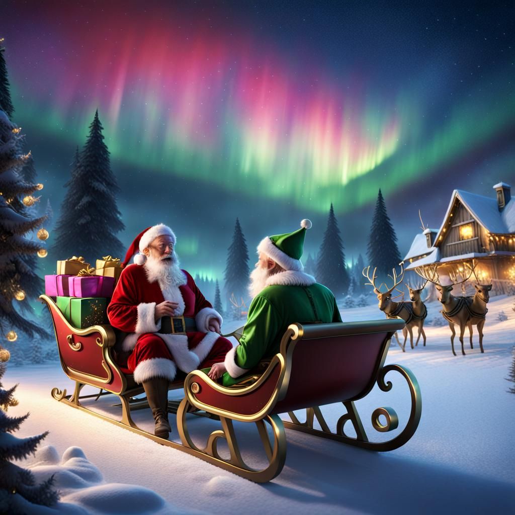 Southern Aurora Lights With Elves and Father Christmas